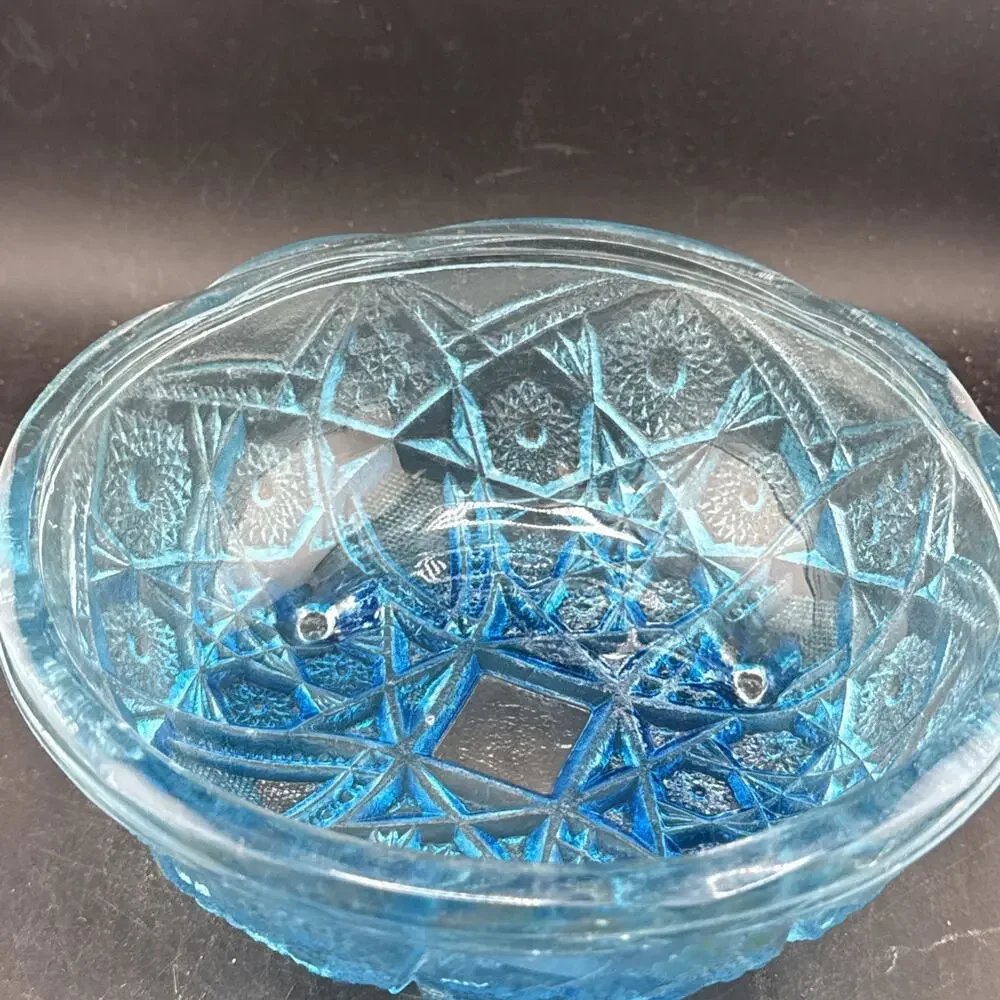 McKee Style Fentec Aqua Blue Pressed Glass Footed Bowl 6”